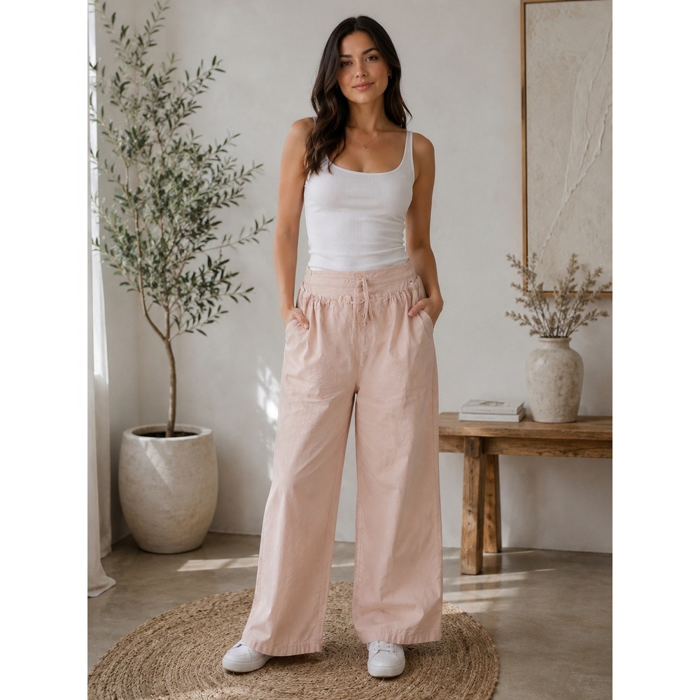 Asos Y2K Clean Girl Grunge Wide Leg Cotton Pants Relaxed Fit Pink Beige Size 14‎